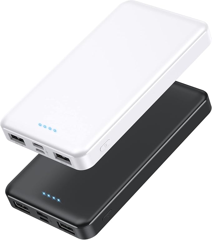 [2 Pack] Portable Charger Power Bank 10000mAh,Ultra Slim Compact External Battery Pack with USB C Input & Dual USB Outputs Backup Charger Compatible with iPhone 13,12, Samsung S20,Tablet -Black+White