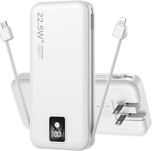 Portable Charger Built-in Cables and AC Wall Plug, 12000mAh power Bank, USB C 22.5W Fast charging Phone Charger ,Compact Lightweight External Battery Pack for iPhones, iPad, Samsung，Tablets, etc.