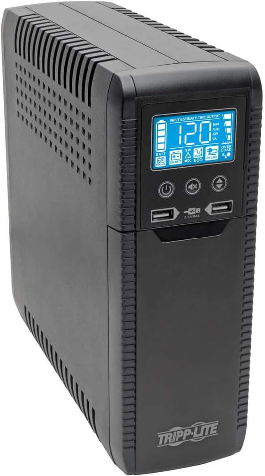 Tripp Lite 1000VA UPS Battery Backup Surge Protector ENERGY-STAR Certified, AVR, 8-Outlet Uninterruptible Power Supply, USB Charging, RJ45 Protection, 3-Year Warranty & $250,000 Insurance (ECO1000LCD)