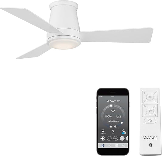 WAC Smart Fans Hug Indoor and Outdoor 3-Blade Flush Mount Smart Home Ceiling Fan 44in Matte White with 3000K LED Light Kit and Remote Control works with Alexa and iOS or Android App