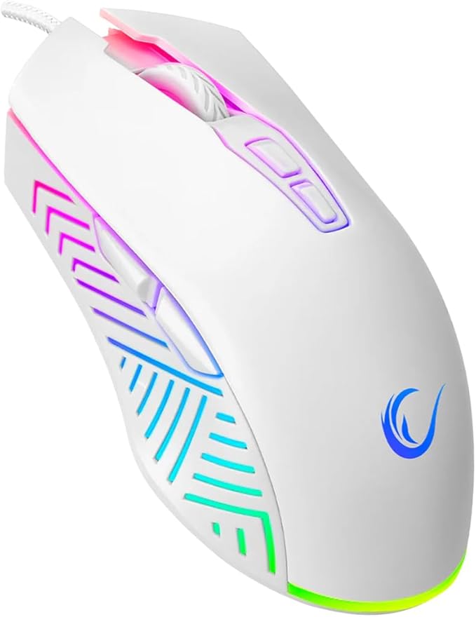 Rampage Spear V2 White Wired Gaming Mouse with RGB Lighting – 12800 DPI, 7 Programmable Buttons, Lightweight Ergonomic Gaming Mouse for PC/Mac/Laptop Gamers