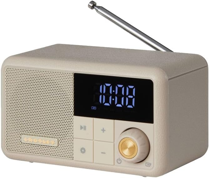 Crosley CR1121A-PB Cooper Retro AM/FM Radio, Portable Bluetooth Speaker with Aux Input and LED Display, Pebble