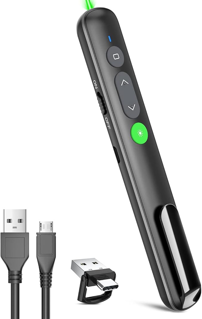 Presentation Clicker PowerPoint Wireless Presenter Remote: Rechargeable Green Laser Pointer Clickers USB A Type C Computer Mac Power Point PPT Slideshow Google Slide Advancer