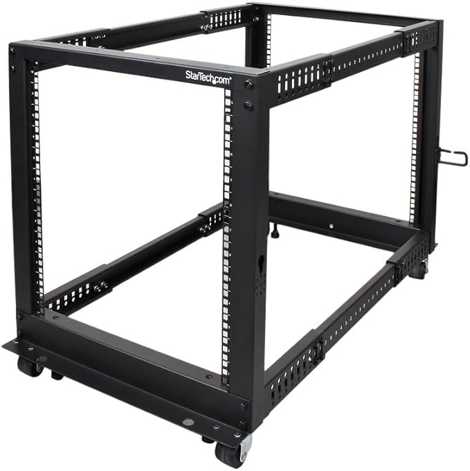 StarTech.com 4-Post 12U Mobile Open Frame Server Rack, 19in Network Rack with Wheels, Rolling Rack for Computer/AV/Data/IT Equipment - Casters, Leveling Feet or Floor Mounting (4POSTRACK12U)