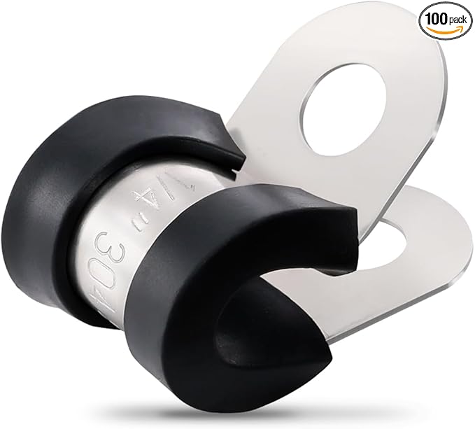 100PCS Cable Clamps 1/4 Inch 304 Stainless Steel Cable Clamps Rubber Coated Cushioned Insulated Cable Clamp,Automotive Wire Clamps,Pipe Clamps,Metal Clamp for Tube,Wire Cord Installation(6mm)