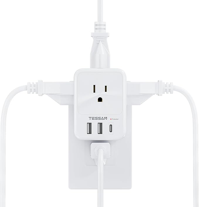 USB Charger Block, TESSAN Outlet Extender Surge Protector with USB C, 4 AC Multi Plug Wall Outlet Splitter 1875W, Electrical Plug Expander for Home Office Dorm Room Essentials, White