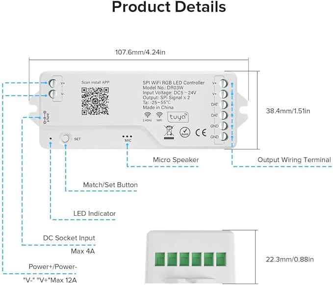 WiFi RGB IC LED Controller DR03W, Control by Smart Life/Tuya APP/Alexa/Google Home, Support WS2811/WS2812B COB Strip, SPI RGB Controller Work with WR01RF RC03RFB RF Remote