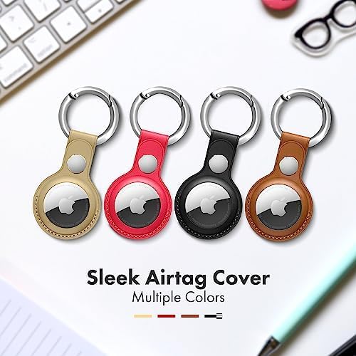 Apple Airtag Cases 4 Pack Leather Keychain | Leather Holders in Multi Colors, Durable and Easy to Clean Protective Holders | Compatible with Apple Air Tag (Golden - Red - Black - Brown)