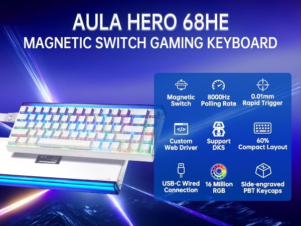 x Aula Hero 68 He 60% Gaming Keyboard Wired Keyboard RGB Backlit Hot Swappable Custom Computer Keyboards Hall Effect Magnetic Switch,Rapid Trigger Mode, 8K Hz Polling Rate, 0.125ms Latency