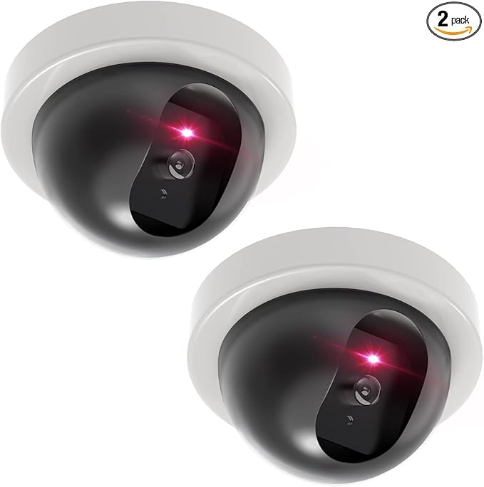 WALI Dummy Fake Security CCTV Dome Camera with Flashing Red LED Light with Security Alert Sticker Decals (SDW-2), 2 Packs, White