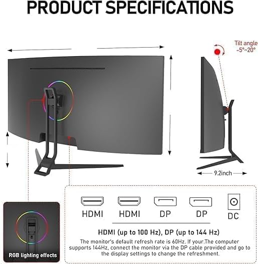 ZZA UltraWide 34 inch Curved Monitor 1500R PC Screen 165hz Refresh Rate WQHD 3440x1440 Computer Gaming Monitor VA PanelAMD FreeSync Premium | HDR10 | 99% sRGB | VESA