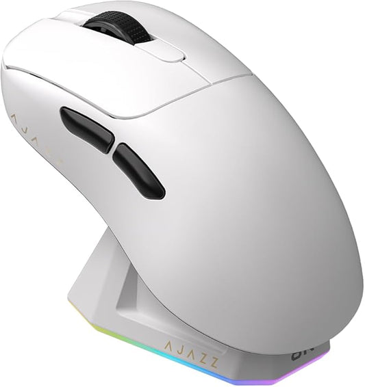 AJ179PRO PAW3395 26000 DPI Gaming Mouse, 8000Hz Polling Rate, 58g Ultra-Light, Tri-Mode (2.4G/Wired/Bluetooth 5.2), Magnetic RGB Charging Dock, Ergonomic Right-Hand Design, White