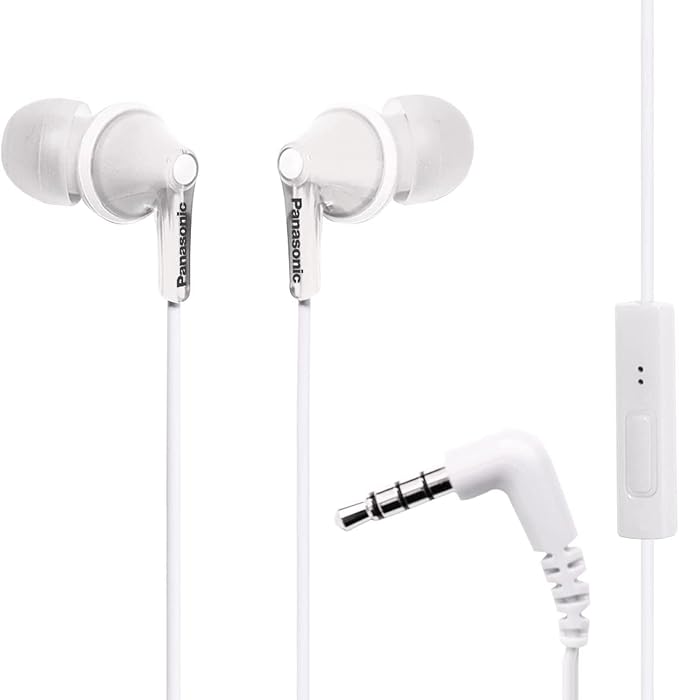 Panasonic ErgoFit Wired Earbuds With Microphone, 3.5mm Jack Wired Headphones with Mic and Call Controller, Ergonomic Custom-Fit Earpieces (S/M/L), for Phones and Laptops - RP-TCM125-W (White)
