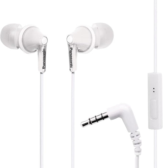 Panasonic ErgoFit Wired Earbuds With Microphone, 3.5mm Jack Wired Headphones with Mic and Call Controller, Ergonomic Custom-Fit Earpieces (S/M/L), for Phones and Laptops - RP-TCM125-W (White)