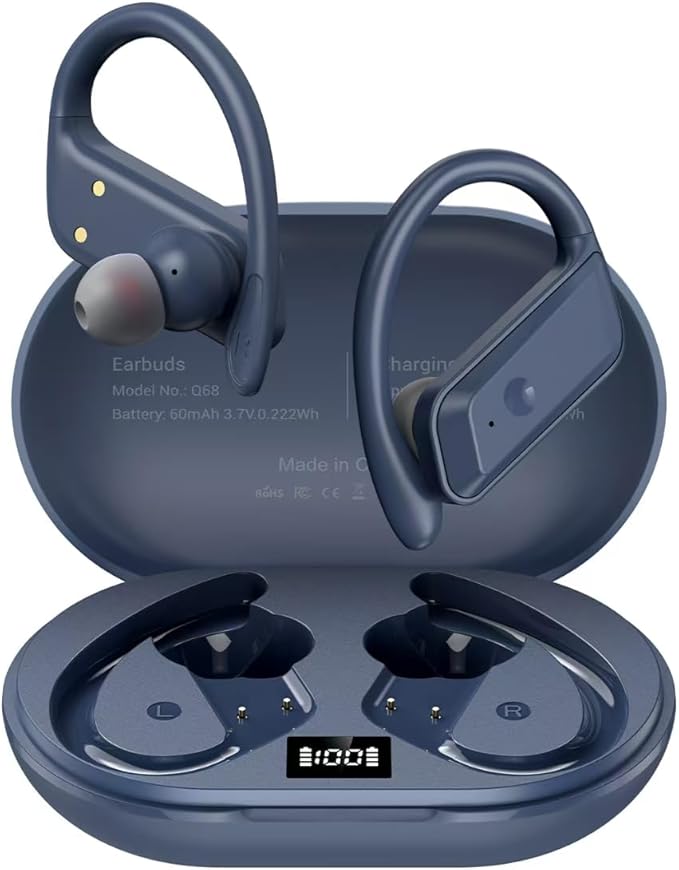 Wireless Earbuds Bluetooth 5.4 Headphones 53H Playtime Sport Earphones with LED Display,Over-Ear Buds Built in Mic in Ear Waterproof Headset for Workout Running Gaming - Blue
