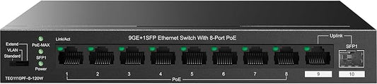 Tenda TEG1110PF Unmanaged PoE Switch with 8 Port PoE+@120W, 8 Port Gigabit PoE Compatible with IEEE 802.3af/at Devices, w/ 1 Uplink Gigabit Port & 1 SFP Slot, Limited Lifetime Protection