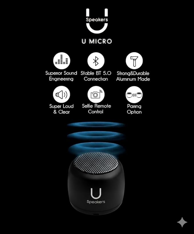 Fashionit U Micro - Small Bluetooth Speaker | Coin-Sized Speakers Bluetooth Wireless with Built-in Mic & Remote Shutter | Portable Rich Sound for Travel, Shower, Beach | Black