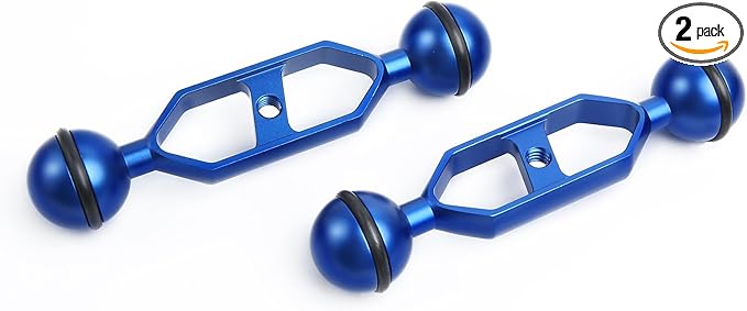 Blue 5" Underwater Aluminum Alloy Extension Arm (2-Pack) - Dual Ball System with 1" Head Connector, Waterproof & Rustproof for Diving Camera Tray/Strobe/Video Light, Scuba Photography Gear
