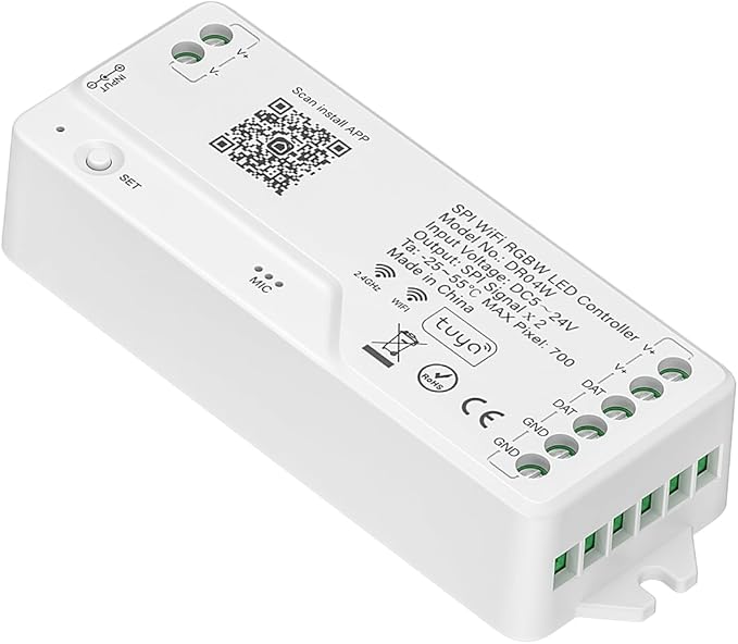 BTF-LIGHTING 2.4G WiFi DR04W SPI RGBW Controller Tuya APP/Smart Life/Google Home/Alexa Control Support SK6812RGBW SMD/FCOB WS2814 IC etc Addressable RGB+W LED Strip STA Mode