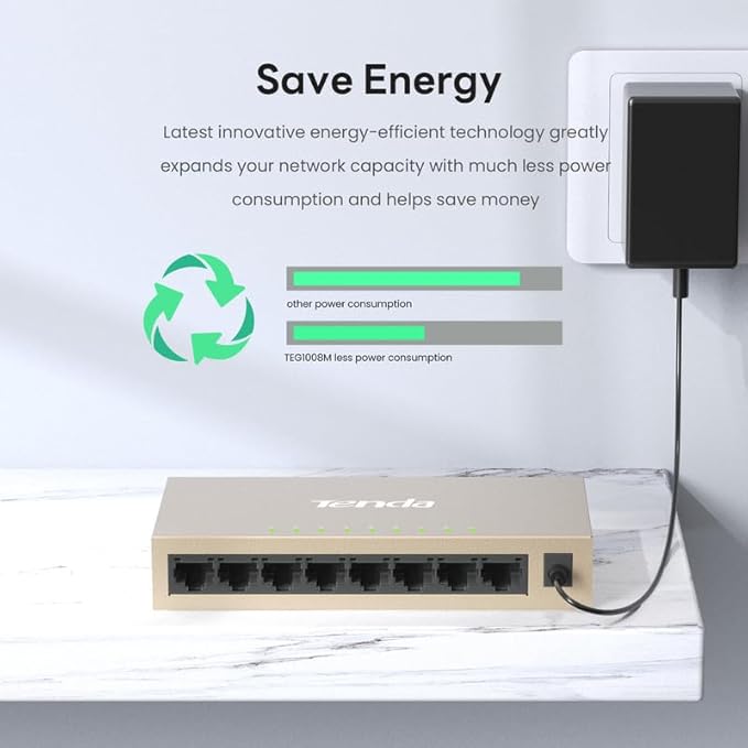 Tenda TEG1008M, 8 Port Gigabit Switch, Unmanaged Ethernet Switch with Traffic Optimization, Plug & Play, Fanless & Metal Design Network Switch Hub, Desktop/ Wall-Mount, Limited Lifetime Protection