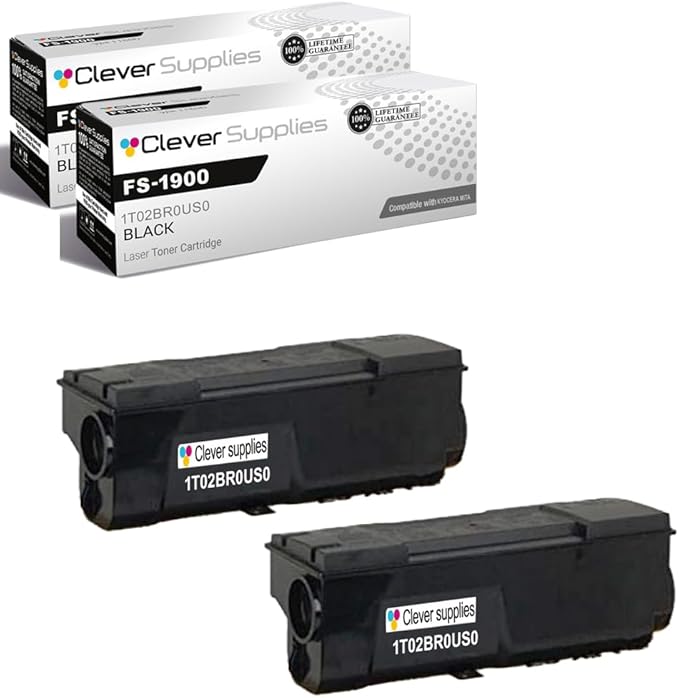 Clever Supplies CS Replacement Compatible with Kyocera FS 1900 Toner Cartridge 1T02BR0US0 to use with FS-3800 FS-1800 FS-1900N FS-1800N FS-3800N (Black, 2-Pack)