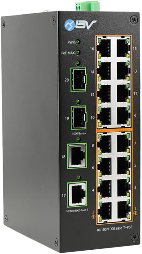 BV-Tech Industrial DIN Rail PoE Ethernet Switch - 16 Gigabit Ports, 2 SFP Uplinks, 190W PoE Budget