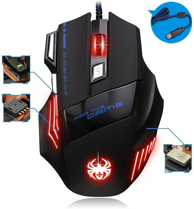 Zelotes Ergonomic 7200 DPI LED Optical Wired Gaming Mouse Mice 7 Buttons Compatible Mac Pro Gamer PC Laptop Desktop Notebook-Black Black(T80)