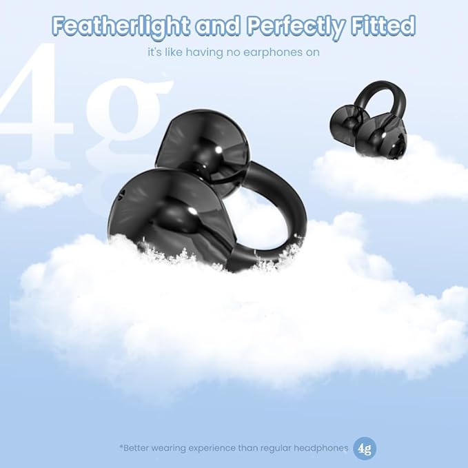 Clip on Earbuds Open Ear Wireless Bluetooth 5.4 Headphones with Mic,60H Play,Noise Cancelling,Waterproof,Sports Ear Buds,Comfortable for Small Ears & Glasses Wearers,Workouts (Black)