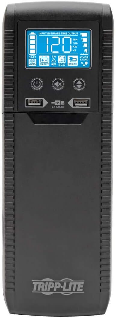 Tripp Lite 1000VA UPS Battery Backup Surge Protector ENERGY-STAR Certified, AVR, 8-Outlet Uninterruptible Power Supply, USB Charging, RJ45 Protection, 3-Year Warranty & $250,000 Insurance (ECO1000LCD)