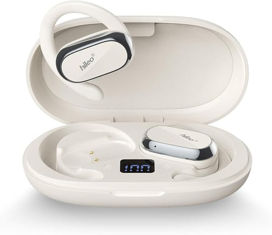 HILEO Open Ear Headphones & Earbuds, Open-Ear Design, Long-Lasting Battery (48 Hrs), LED Display, Bluetooth 5.3, Hi-Fidelity Sound, Ear Hooks, Sweat Resistant, Adjustable - White