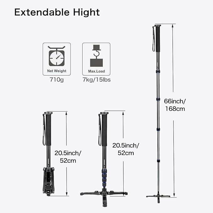 Koolehaoda Extendable Camera Monopod with Foldable Tripod Support Base, Aluminium Alloy, 20-66inch Adjustable Portable Travel Monopod for Nikon Sony DSLR, Maximum Load of 5 kg