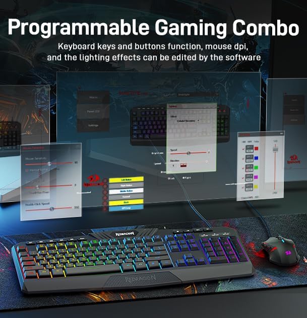 Redragon Updated S101 Programmable Gaming Keyboard and Mouse, RGB Backlit Keyboard Mouse with Software, Independent Macro Record Keys, Value Combo Set