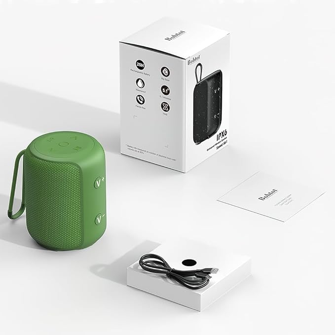 Bobtot Portable Speaker Bluetooth, IPX6 Shower Speaker Waterproof, 15H Playing Time, Loud and Stereo Sound with Bass, Dual Pairing for Party, Camping, Travel, Green