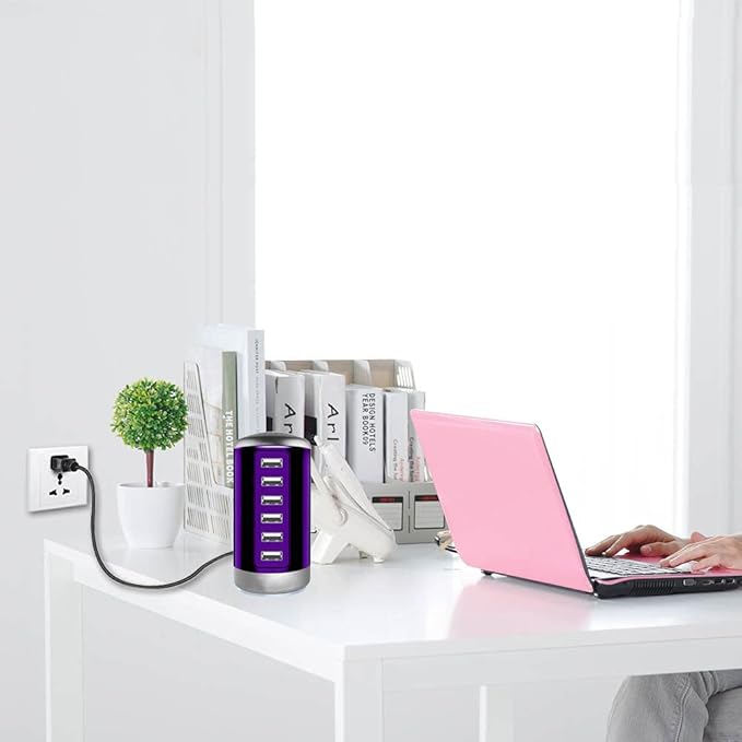 Universal USB Charger 6-Port Desktop USB Charging Station Hub with Smart Identification Technology Compatible with iPhone iPad Cell Phone Tablets(Purple)