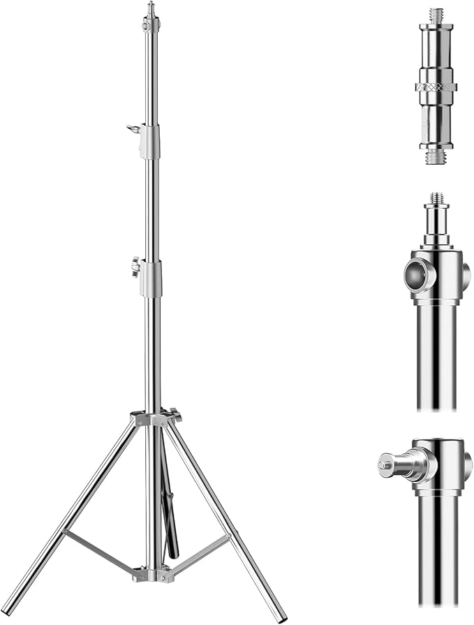 BEIYANG 9.45Ft Stainless Steel Photography Light Stand, Heavy Duty Tripod with with 1/4" to 3/8" Screw Adapter for Strobe Lights, LED Video Lights, Ring Lights, Monolights, Softboxes