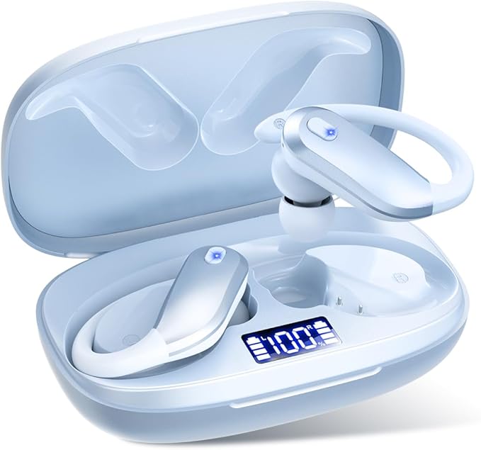 NDO Wireless Bluetooth Earbuds Earhook Sport Headphones with 48H Playtime, ENC Mic IPX7 Waterproof Fast Charging,Lightweight Design for Active Lifestyle,Gift for Teens or Fitness Lovers-Sky Blue