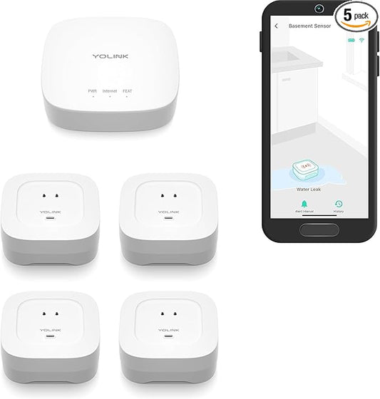 YoLink Water Leak Starter Kit: Hub + 4 Leak Sensor 4 (105 dB Siren), LoRa Long-Range, App/SMS/Email Alerts, D2D Offline, 2 AAA Up to 5-Year Battery, Works with Alexa/IFTTT/Home Assistant