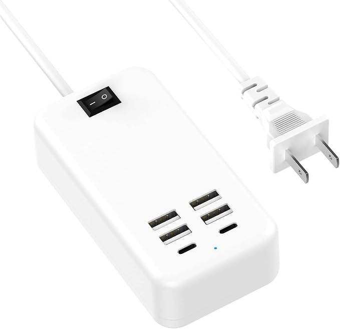 6 Port USB Charger Station - USB C Charging Hub for Multiple Devices, iPhone 14/13 Pro Max/13 Pro/13, iPad Pro, Switch, Galaxy S21 (White)