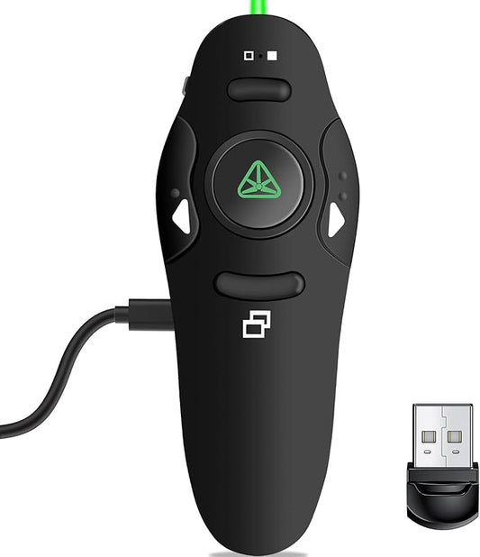 Rechargeable Presentation Clicker Wireless Presenter Remote USB Control Powerpoint PPT Clicker,Green Laser Pointer RF 2.4GHz Presenter Remote Google Slide Advancer for Computer/Laptop/Mac/Keynote