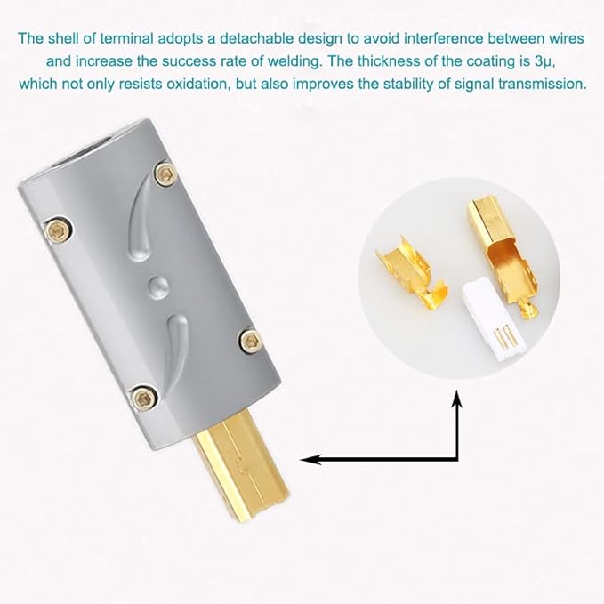 Viborg UB201 Connector Type B Male Plug, Hi-End 24K Gold Plated USB Plug Connector with Alloy Cover for DIY DAC Cable HiFi USB Printer Cable