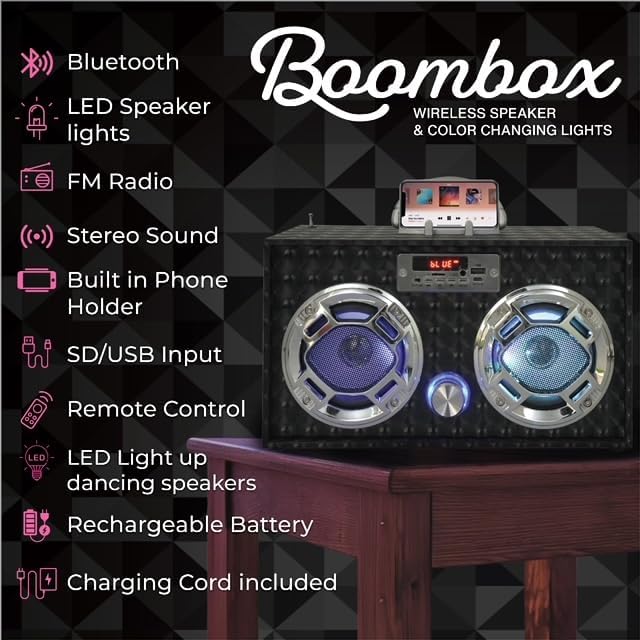 Boombox Speaker with LED Lights – Retro Bluetooth Speaker w/Enhanced FM Radio - Perfect for Home and Outdoor (Black)