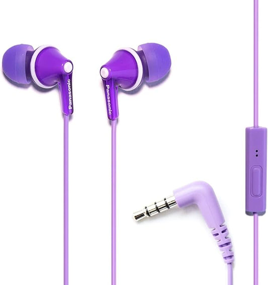 Panasonic ErgoFit Wired Earbuds With Microphone, 3.5mm Jack Wired Headphones with Mic and Call Controller, Ergonomic Custom-Fit Earpieces (S/M/L), for Phones and Laptops - RP-TCM125-V (Purple)