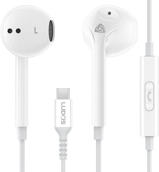 LUDOS Zenith USB C Headphones for iPhone 17 16 15 Pro Max Plus Air iPad Pro Air, 2 Years Warranty, USB-C Earbuds for Samsung Galaxy S24 S23 Ultra S22 S21 S20 A55 A54 A53, USB Type C Earphones - White