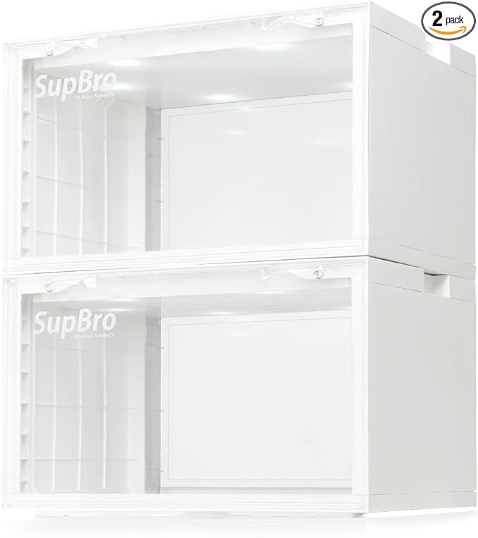 SupBro Led Collection Crate - Voice Control - Easy Access Storage Shoes box, Stackable Shoe Storage with clear plastic door for sneakers - (11.2 x 14.9 x 8.8 inch (2pack), White)