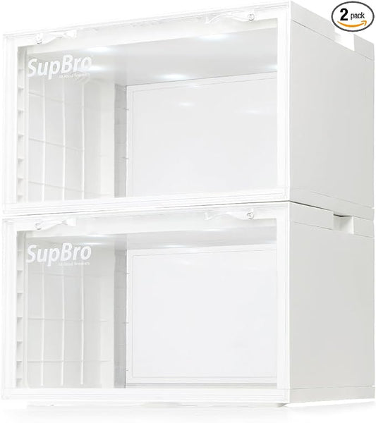 SupBro Led Collection Crate - Voice Control - Easy Access Storage Shoes box, Stackable Shoe Storage with clear plastic door for sneakers - (11.2 x 14.9 x 8.8 inch (2pack), White)