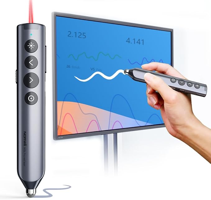 Norwii N10 Bluetooth Presentation Remote with Stylus Pen for Touch Screen, Advanced Digital Highlighting Presenter Clicker, 50M Range Metal Shell