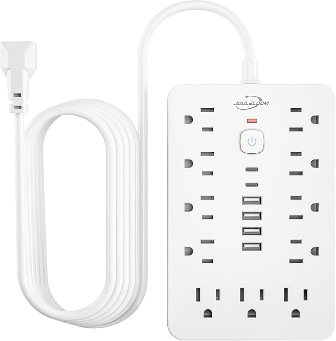 20 FT Flat Plug Surge Protector Power Strip,11 Multiple AC Outlets with 6 USB Ports (2 USB C), 20 Feet Extension Cord, 1250W/10A, One Touch Switch Button, White