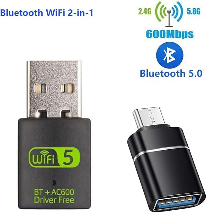 USB WiFi Adapter，600Mbps WiFi Bluetooth Adapter(Includes a USB-A to Type C connectors)，Dual Band 5G/2.4G Wireless Network Adapter for Desktop Laptop PC，Supports Windows 7/8/8.1/10/11。