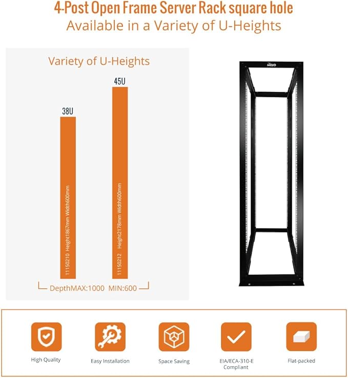 Tecmojo 45U 4-Post Open Frame Server Rack, Adjustable Depth 23.6 inch-39.9 inch – 19" Network, Server, AV, Data & IT Equipment, Telecom & Patch Panel Mount, 3450 lbs Capacity, Black,Square Holes