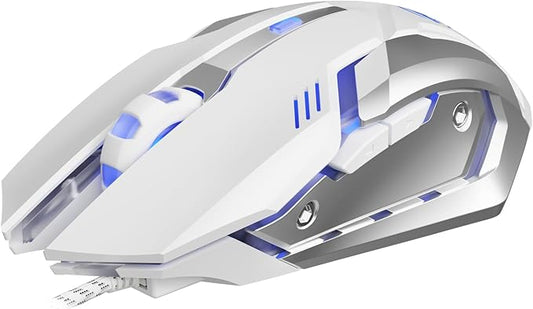 EWEADN G3 Wired Gaming Mouse, 2400 DPI Wired Optical Mouse with 6 Programmable Macro Buttons, Metal Base, 4-Color Breathing Light for PC/Laptop/Windows-White